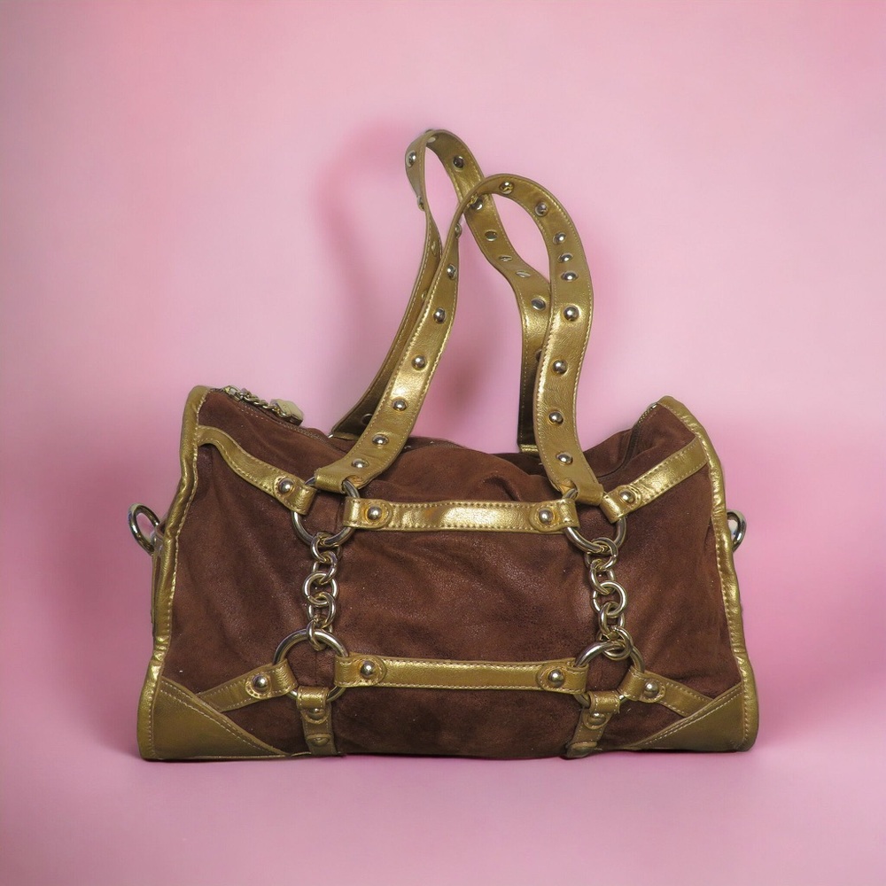 Y2K Kathy Van Zeeland Brown & Gold Suede Chain Bag